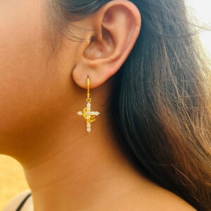 Gold Cross N Crown Earring With Sparkling Cubic Zirconia
